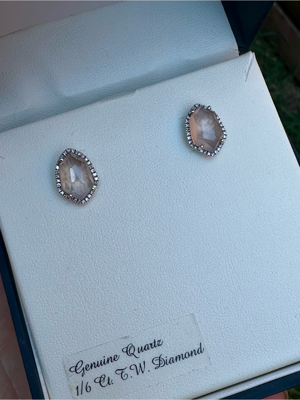 Genuine Rise Quartz and Diamond Stud Earrings - Silver Tone